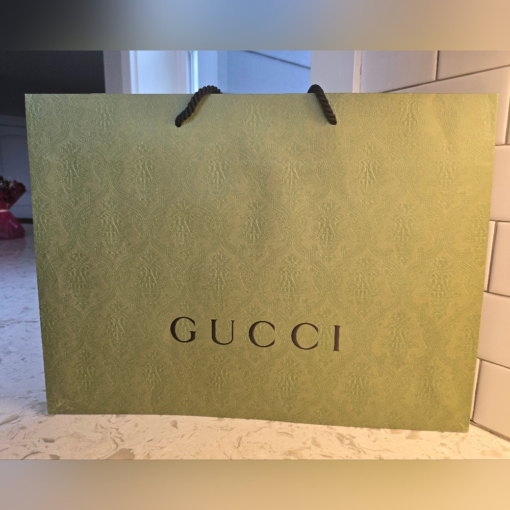 Gucci Olive Green Embossed Shopping Bag 14"Wide By 19" Tall